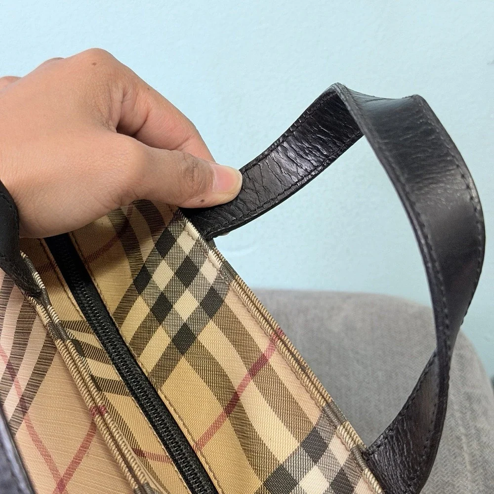 Burberry Nova Check Small Tote Bag‎ Beige Black Leather Handle Zip Italy